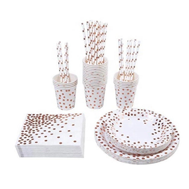 N - 125pc Disposable Golden Dots Tableware Degradable Paper Party Set Cups Plates Straws Napkin