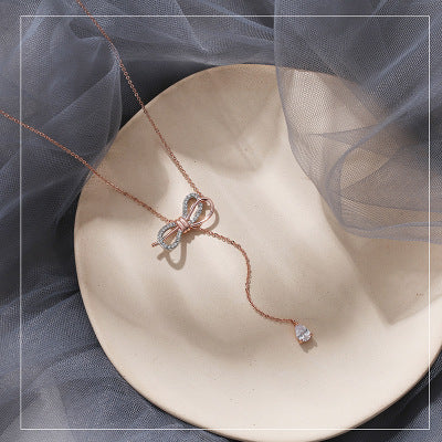 C - Rose Gold Crystal Butterfly Bow Tassel Chocker Alloy Necklace Pendant Birthday Wedding Gift