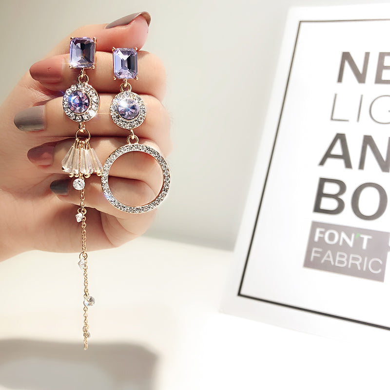 E - Asymmetrical Crystal Earrings Purple White Rhinstone Earring Silver Alloy Fashion Gift
