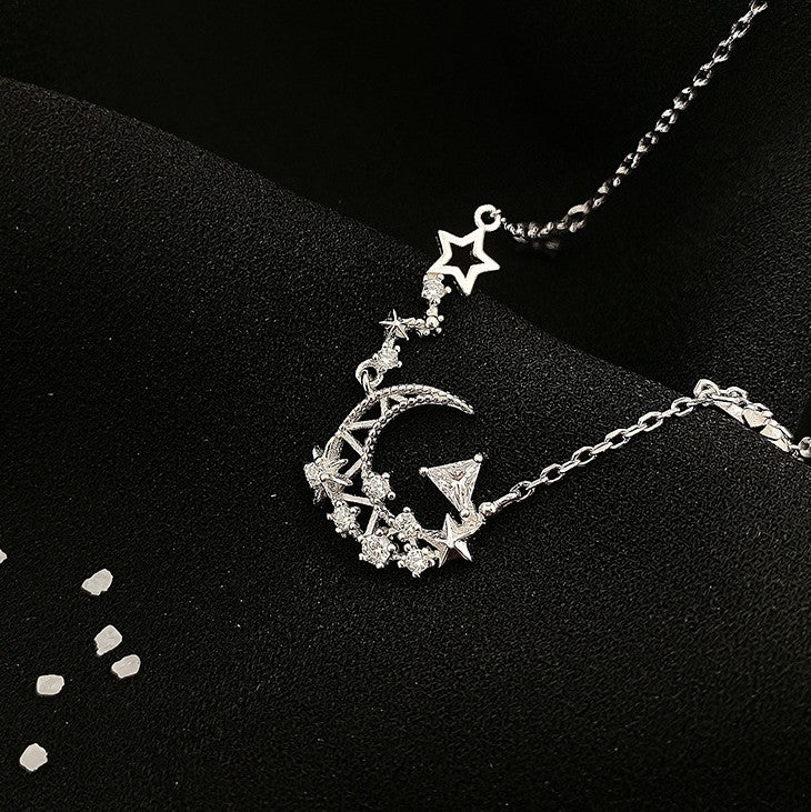 O - Crescent Moon Stars Crystal Necklace 925 Sterling Silver Galaxy Solar Universe Chocker Pendant Gift