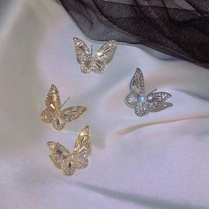 H - Diamond Butterfly 18K Plated Gold 925 Sterling Silver Needle Post Sparkling Cubic Zirconia Stud Earrings Chic Tiny Crystal Gift