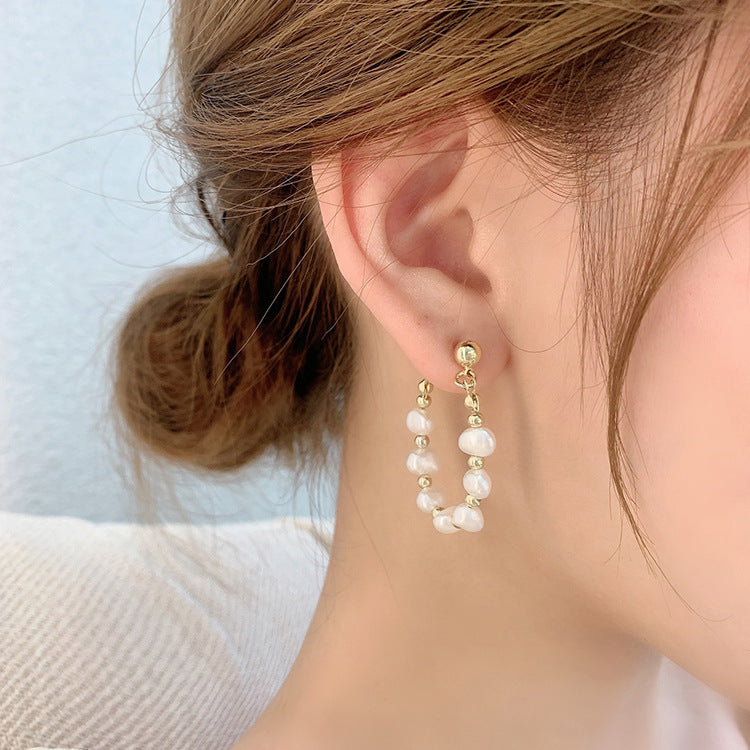 V - Real Pearl Hoop Earrings White Fresh Water Pearls Genuine Gift Gold Zinc Alloy