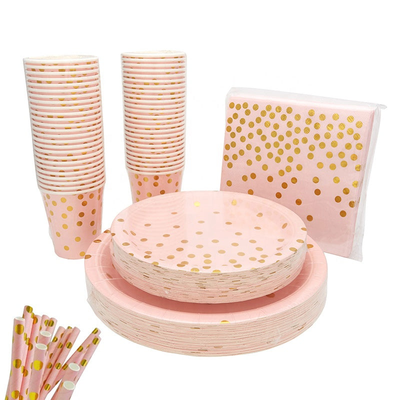 N - 125pc Disposable Golden Dots Tableware Degradable Paper Party Set Cups Plates Straws Napkin