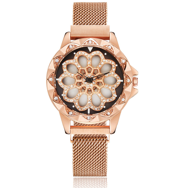 Rotating Crystal Flower Wrist Watch Adjustable Stainless Steel Bracelet Rose Gold, Black, Silver, Blue & Purple