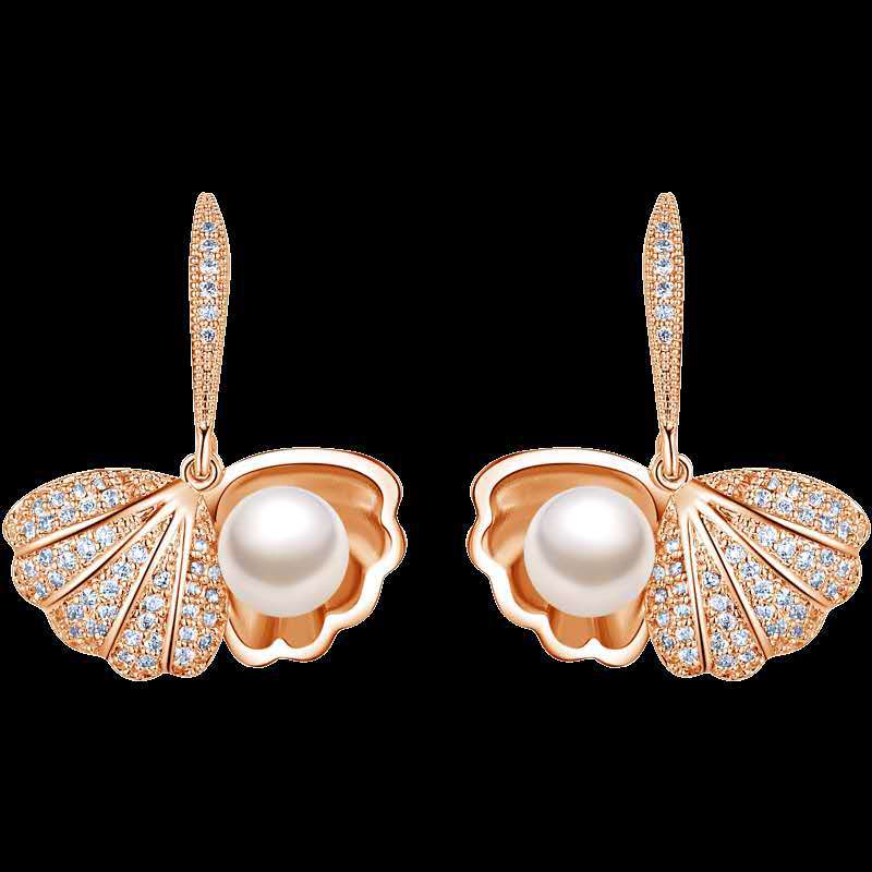 A - Dropshipping metal shell design exquisite shining crystal Fashion temperament contracted pearl Drop earrings new Mother's Day
