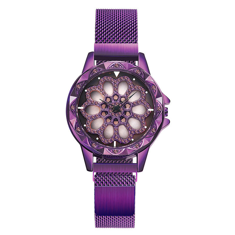 Rotating Crystal Flower Wrist Watch Adjustable Stainless Steel Bracelet Rose Gold, Black, Silver, Blue & Purple