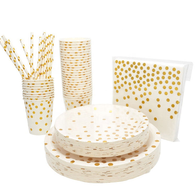 N - 125pc Disposable Golden Dots Tableware Degradable Paper Party Set Cups Plates Straws Napkin