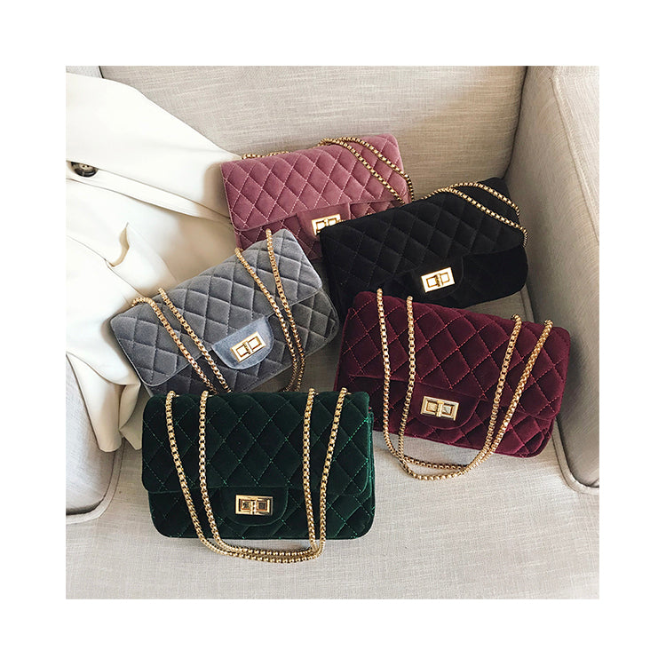 Diamond Lattice Small Square Bag Luxury Trendy Chain Crossbody Bags Soft Velvet Shoulder Handbags Women Bolsa de Hombro
