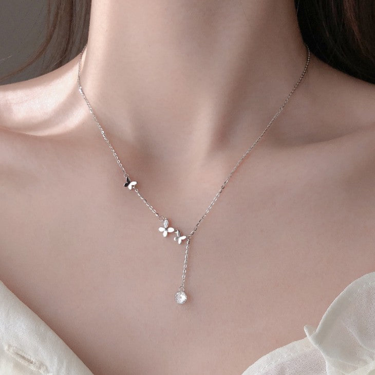 O - Butterfly Crystal 925 Sterling Silver Choker Necklace Pendant Gift Birthday Wedding Jewelry