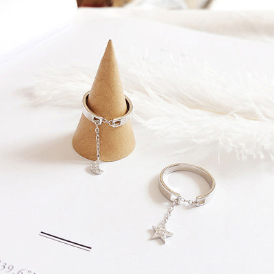 925 star and moon with tassel open ring