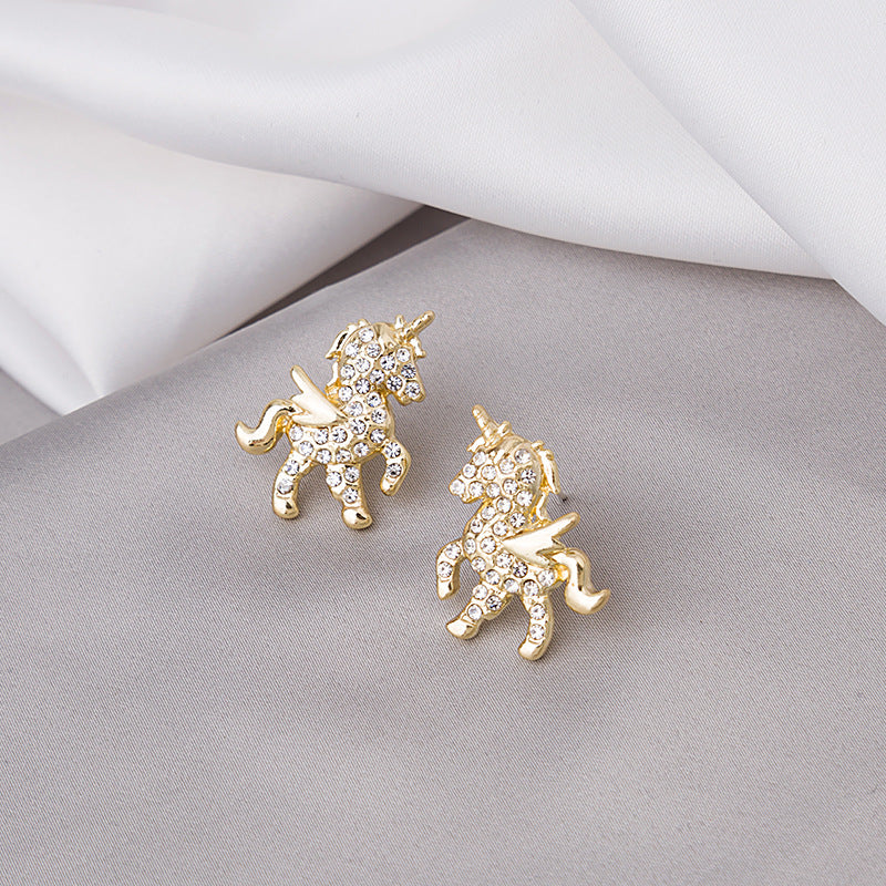 J - Winged Unicorn Earrings Crystal Gold Hypoallergenic 925 Sterling Silver Post Stud Dainty Birthday Gift