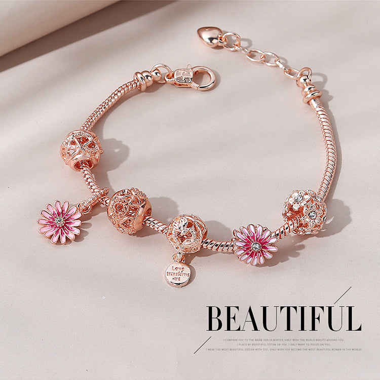 O - Luxury Snake Chain Rhinestone Flower Ball Charms Bracelet Hollow Ball Daisy Beaded Bracelet For Party