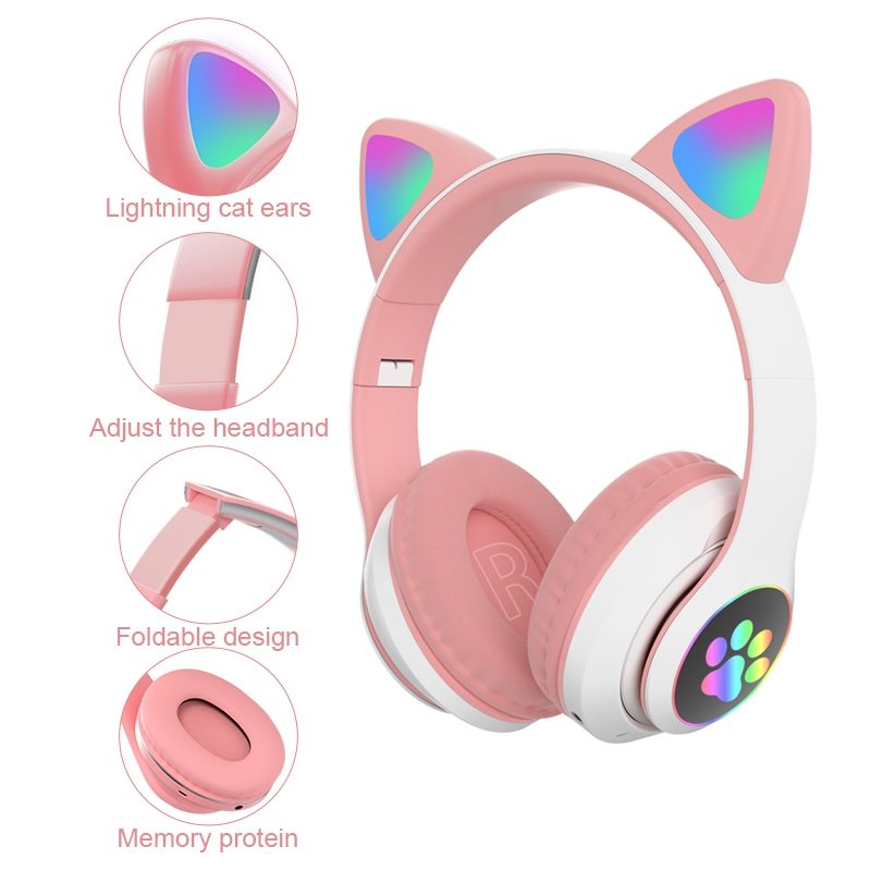 H - Cat Ear LED Bluetooth Wireless Headphones Foldable With Microphone