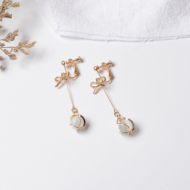 N - Opal Bead Bow Dangle Earrings 925 Sterling Silver Post Gold Drop Earrings Jewelry Gift Women