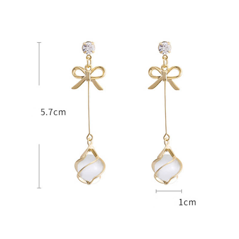 N - Opal Bead Bow Dangle Earrings 925 Sterling Silver Post Gold Drop Earrings Jewelry Gift Women