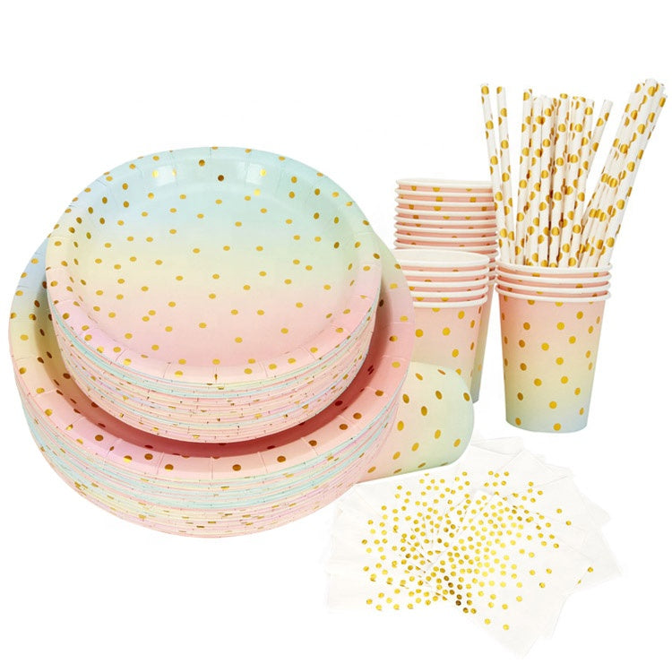 N - 125pc Disposable Golden Dots Tableware Degradable Paper Party Set Cups Plates Straws Napkin