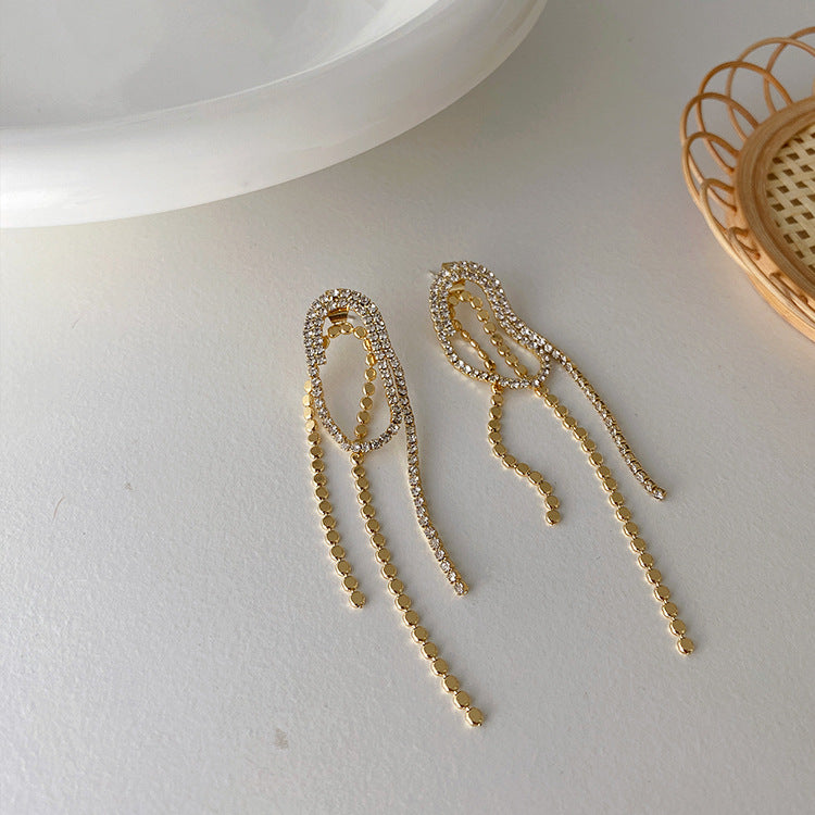 J - Crystal Rhinestone Tassel 18K Gold Plated Paper Clip Earrings Elegant Long Drop Earrings Jewelry
