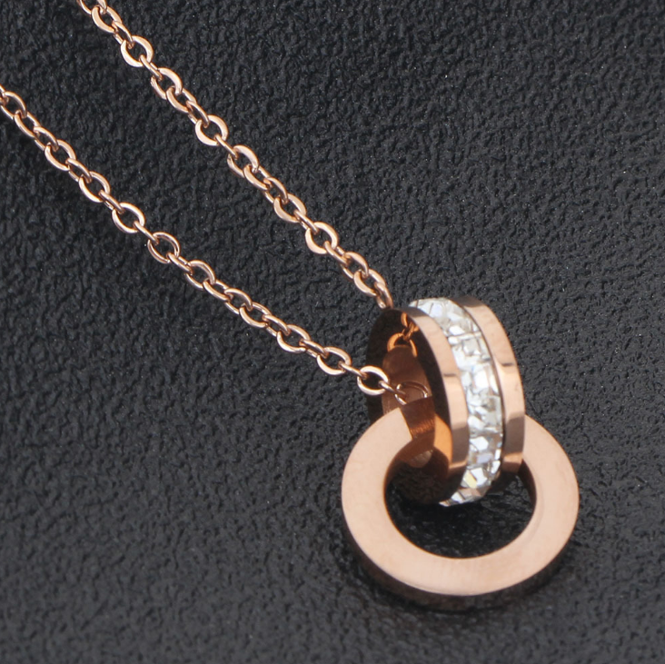G - 18K Rose Gold Titanium Eternal Interlocking Crystal Circles Necklace Roman Numeral Pendant Infinity