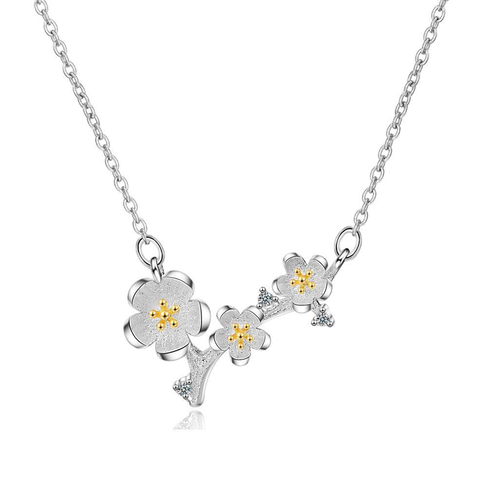 I - Cherry Blossom Flower on Branch 925 Sterling Silver Necklace