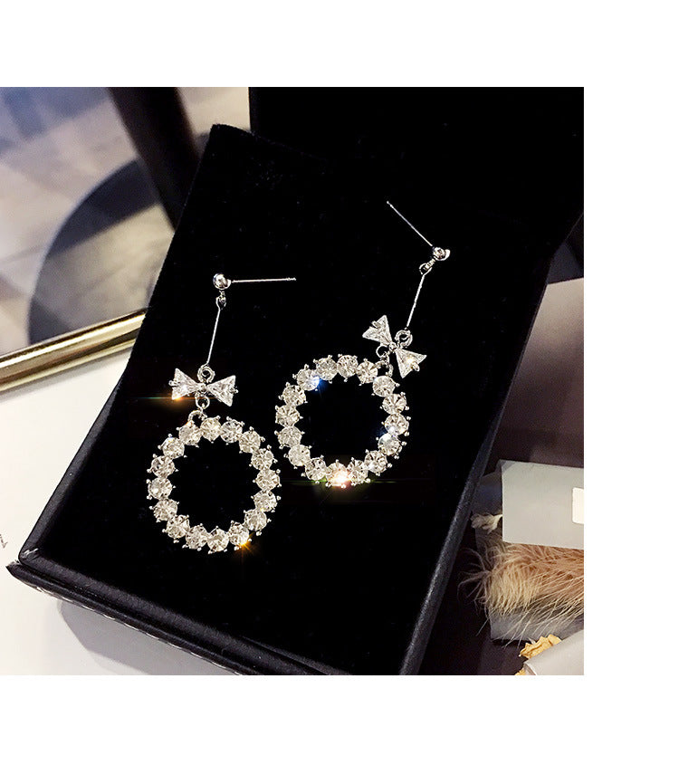D - Circle Bow Crystal Rhinestone Earrings Silver and Black Drop Dangle Fashion earring Gift