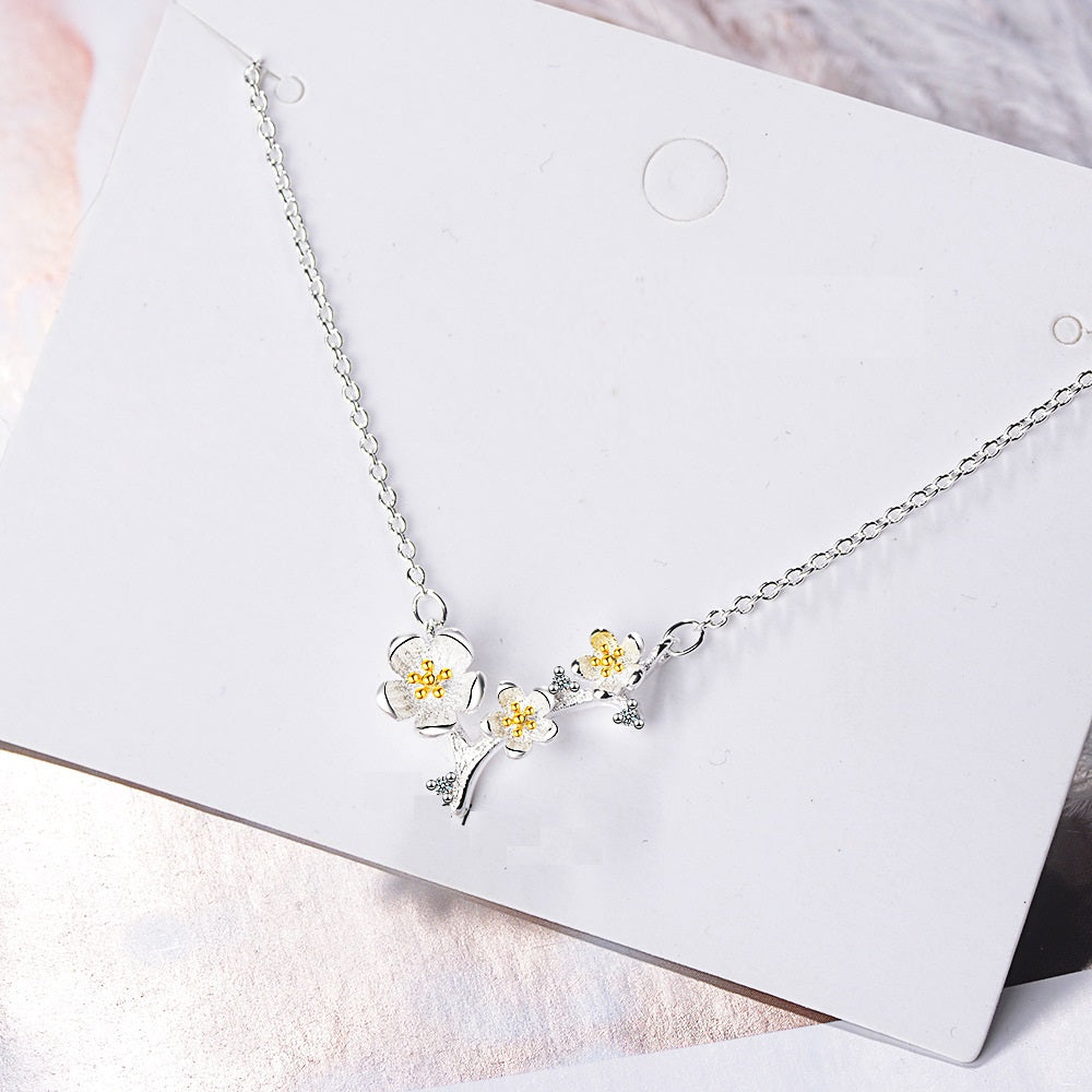 I - Cherry Blossom Flower on Branch 925 Sterling Silver Necklace
