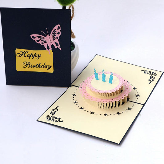 B - Happy Birthday 2 Layers Cake Pop Up Greeting Card with Cute Red Candle Envelope