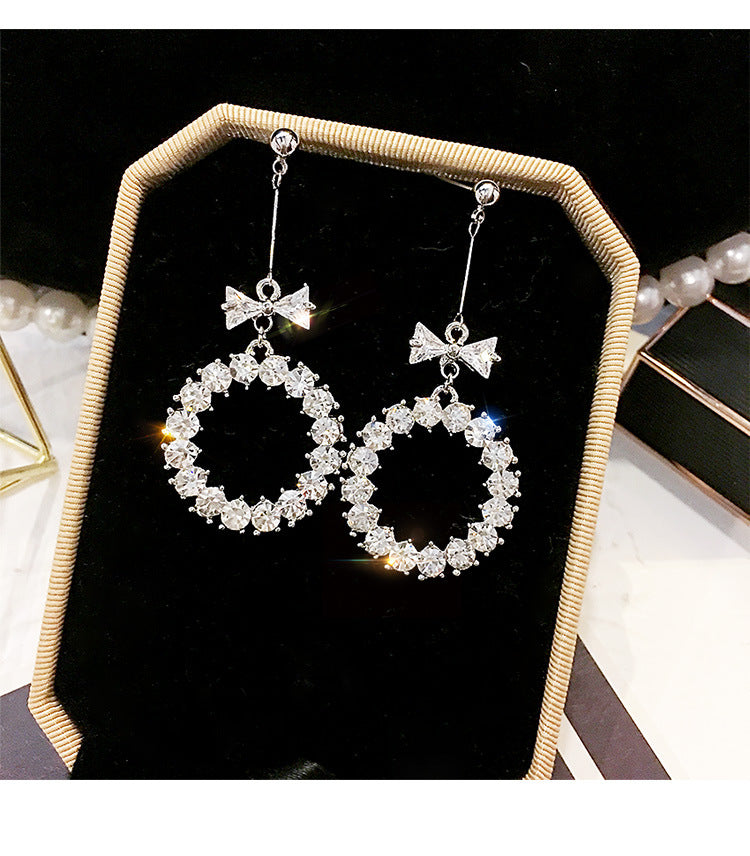 D - Circle Bow Crystal Rhinestone Earrings Silver and Black Drop Dangle Fashion earring Gift