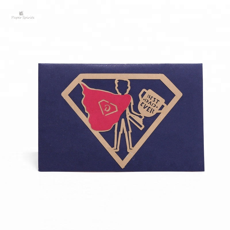 C - Father's Day Postcards Super Dad 3D Pop up Card Thank You Card Handmade Paper Laser Cutting Greeting Cards