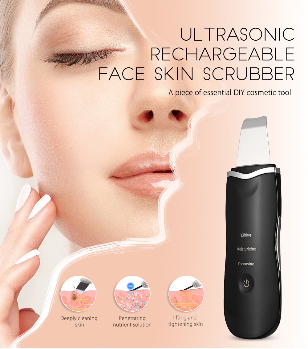 A - Black Ultrasonic Facial scrubber face spatula cleansing device blackhead remover
