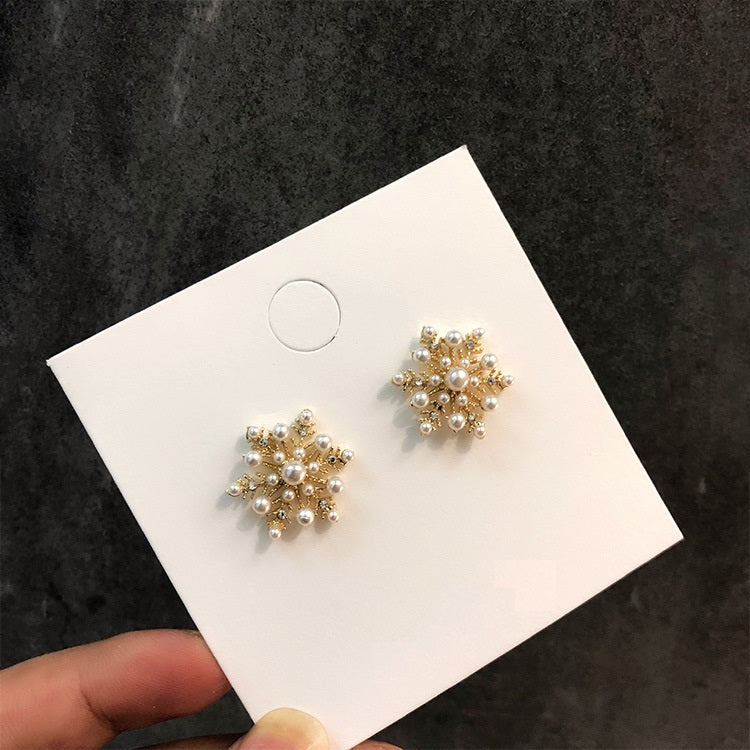 A - Gold Snowflake Fashion Pearl Earrings 925 Sterling Silver Post Earring Jewellery Gift