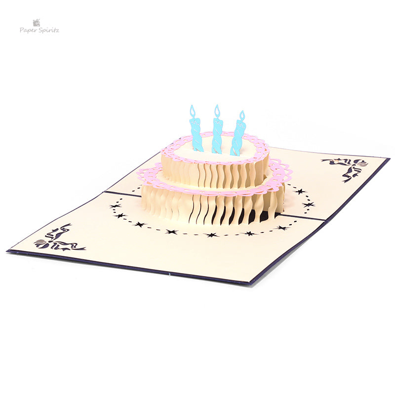 B - Happy Birthday 2 Layers Cake Pop Up Greeting Card with Cute Red Candle Envelope
