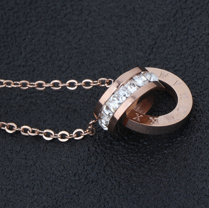 G - 18K Rose Gold Titanium Eternal Interlocking Crystal Circles Necklace Roman Numeral Pendant Infinity