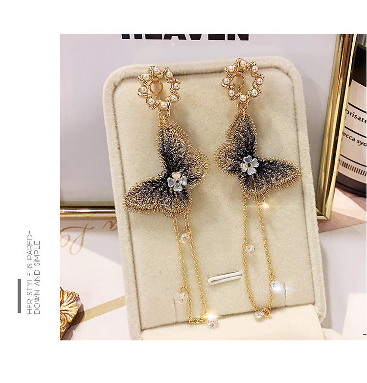 A - Embroidered Lace Butterfly Crystal Rhinestone Alloy Dangling Earrings Gift Women Birthday Elegant Modern Fashion