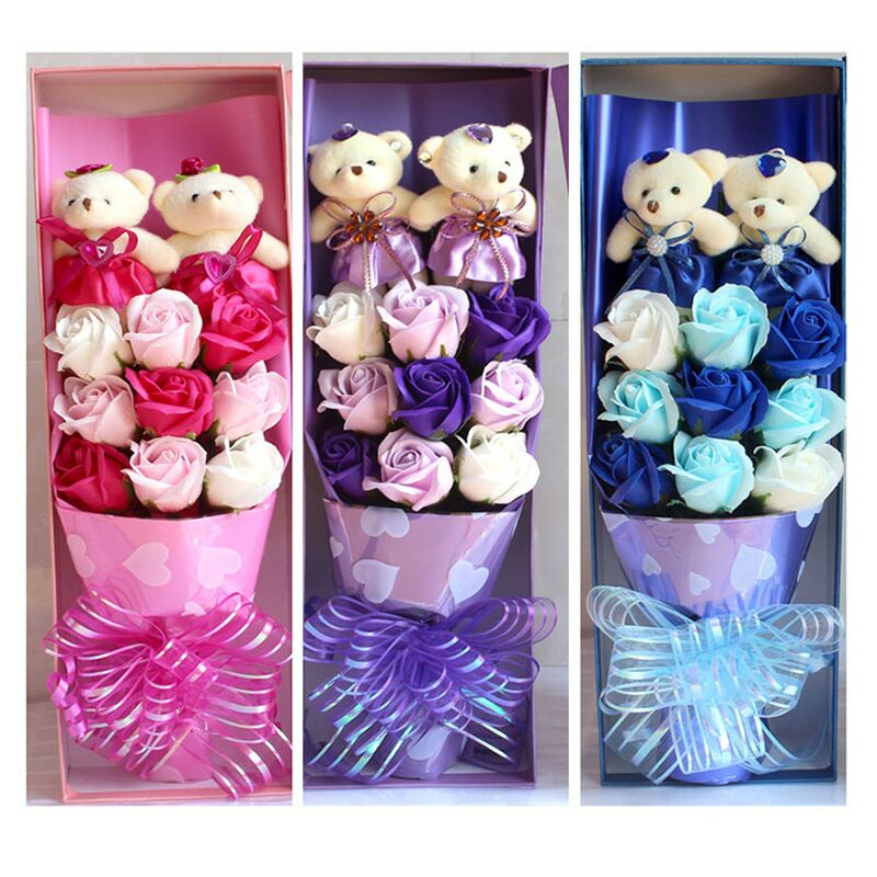 Eternal Rose Teddy Bear bouquet Plush doll flower gift box pink purple blue