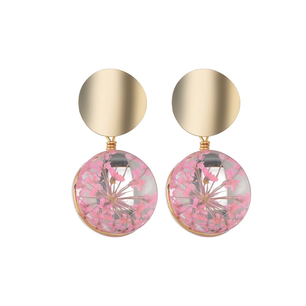 F - Pink Fireworks Real Flower Glass Pearl Gold Drop Earrings Fashion Jewellery Gift