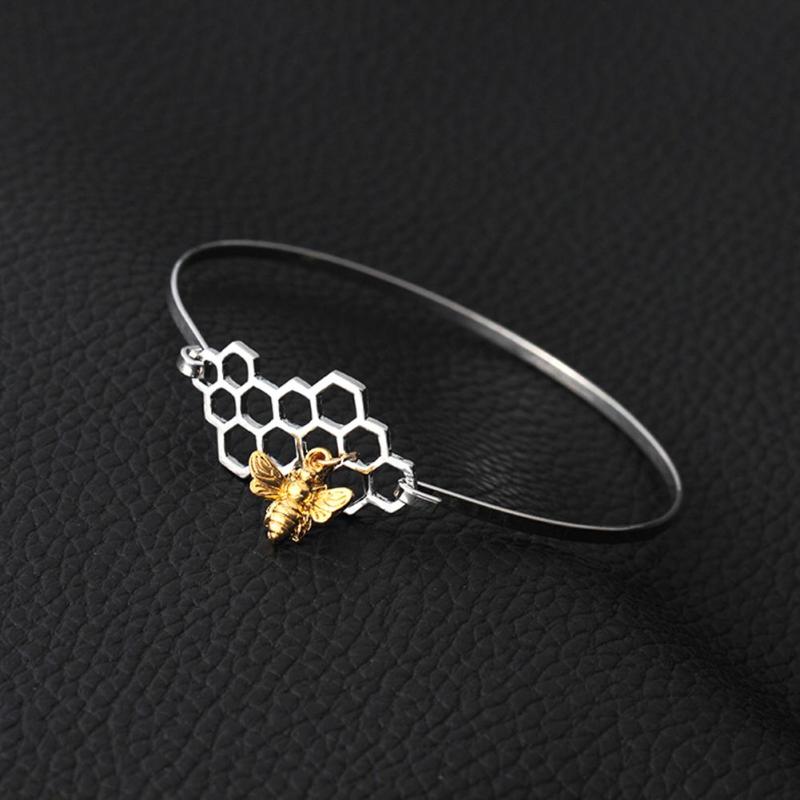 B - Bee Hive Hexagon Adjustable Bracelet Bumblebee Honeycomb Charm Gold Silver Steel Metal Jewellery