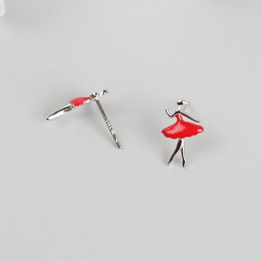 S925 silver needle red ballet girl cute earrings for women