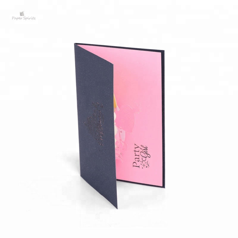 B - Girl's birthday invitation card pink birthday pop up card
