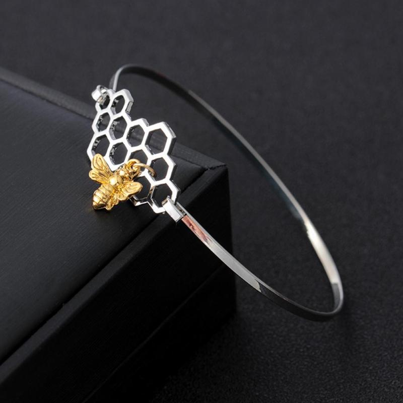 B - Bee Hive Hexagon Adjustable Bracelet Bumblebee Honeycomb Charm Gold Silver Steel Metal Jewellery