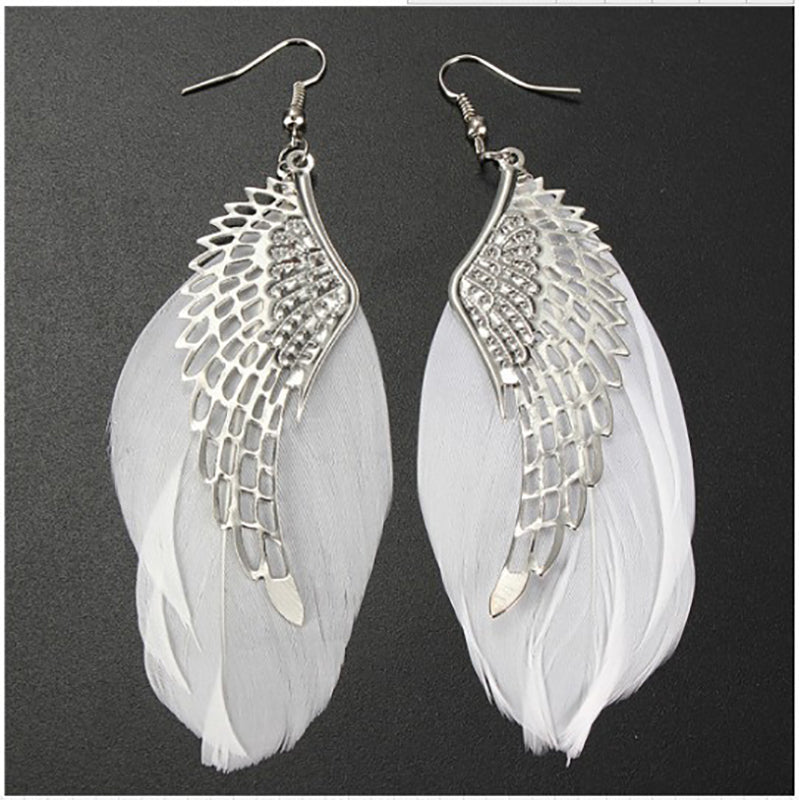 Z - Angel Feather Earrings Silver Real Feathers Bohemian Handmade  Long Drop Earrings Jewelry Gift
