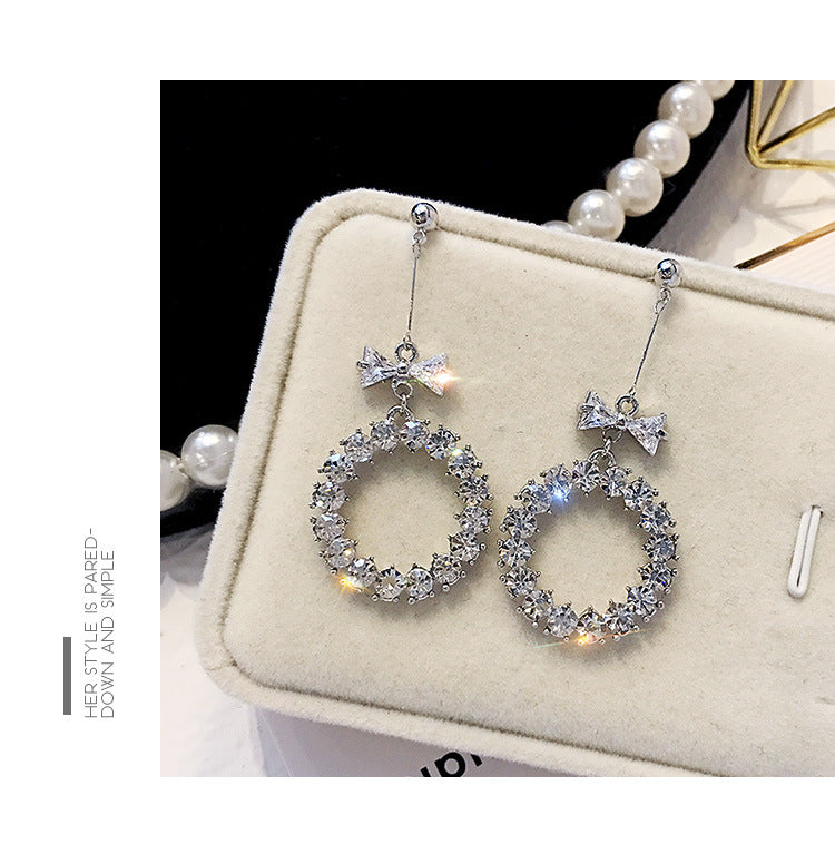 D - Circle Bow Crystal Rhinestone Earrings Silver and Black Drop Dangle Fashion earring Gift
