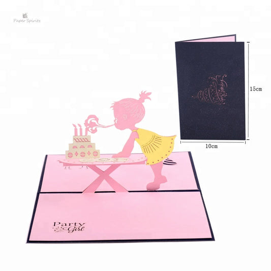 B - Girl's birthday invitation card pink birthday pop up card