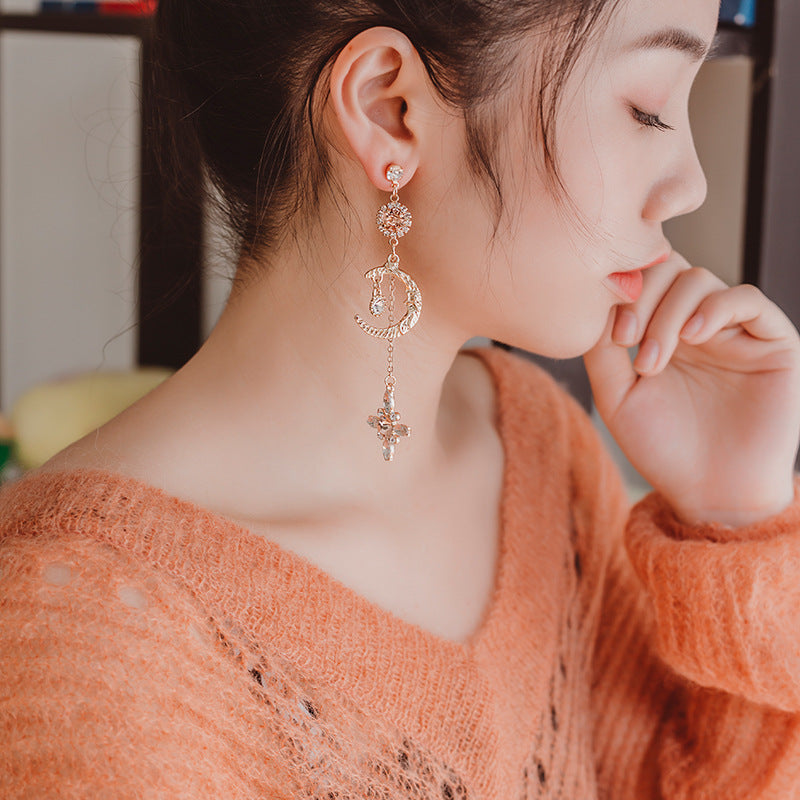 J - Asymmetrical Celestial Crystal Earrings Moon Stars Gold Alloy Rhinestone Fashion Earring Gift
