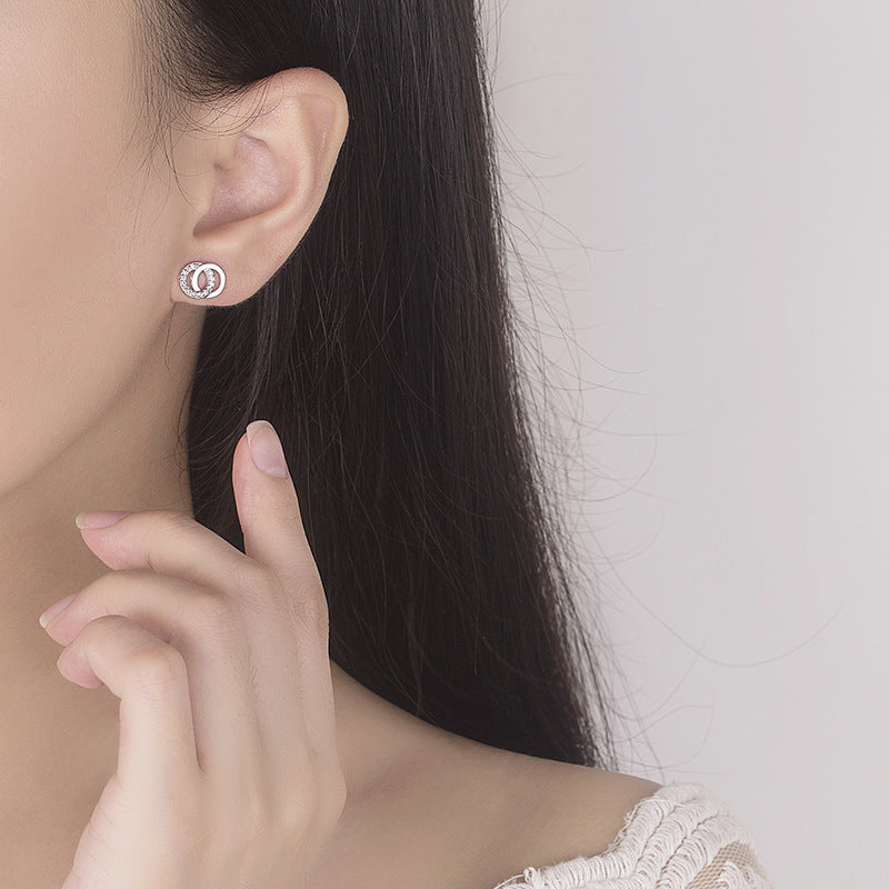 E - Silver Interlocking Circles Diamond Cubic Zirconia Earrings 925 Sterling Silver Dainty Earring Jewellery Gift