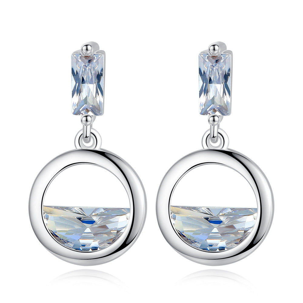 F - Circle Diamond Crystal 925 Sterling Silver Cubic Zirconia Dangle Earrings Gift