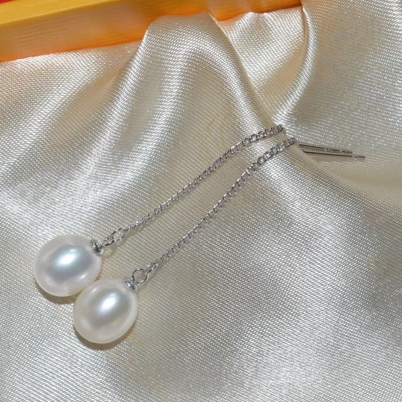 PL - Real Pearl Earrings Celeste White drop dangle Pearls Earring 925 Sterling Silver gift box 8-10mm