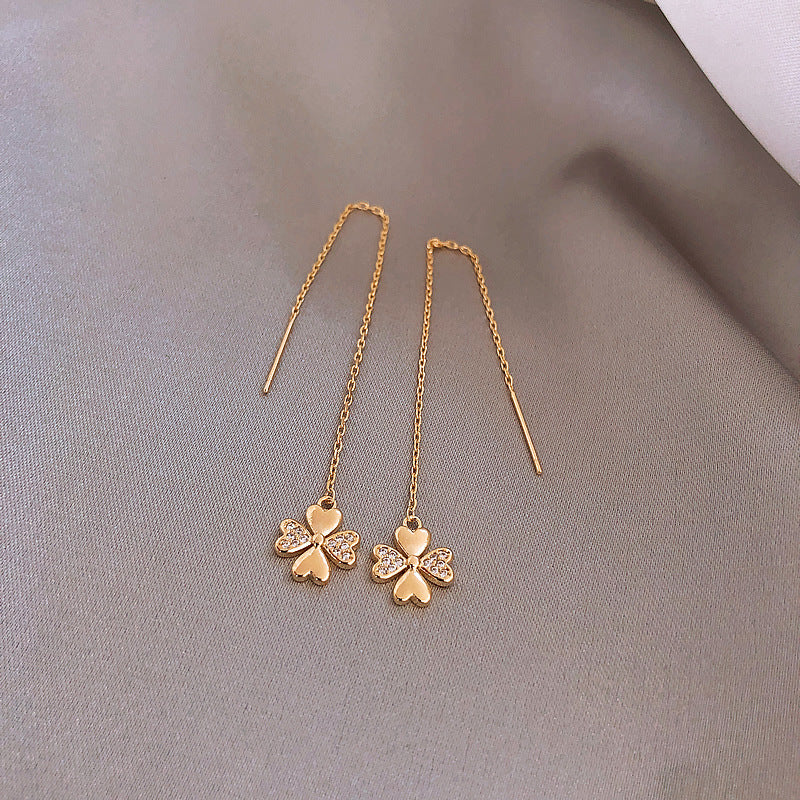 Four Leaf Clover Earrings Gold Dangle Drop Diamond Crystal 925 Sterling Silver Earring Gift
