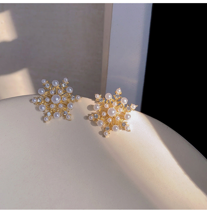 A - Gold Snowflake Fashion Pearl Earrings 925 Sterling Silver Post Earring Jewellery Gift