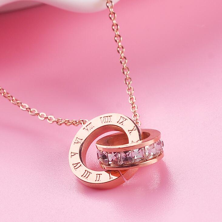 G - 18K Rose Gold Titanium Eternal Interlocking Crystal Circles Necklace Roman Numeral Pendant Infinity