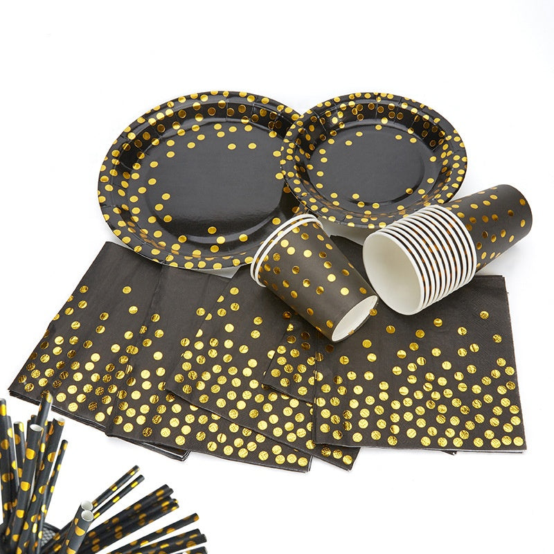 N - 125pc Disposable Golden Dots Tableware Degradable Paper Party Set Cups Plates Straws Napkin